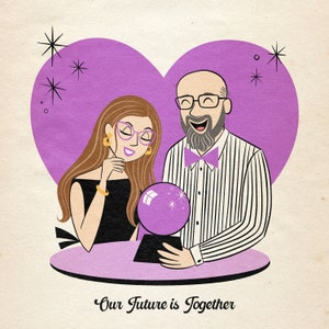 Retrato retro de pareja Incluye 2 personas; Estilo moderno de mediados de siglo; Regalo para esposa, novio, esposo, compromiso, aniversario, amor