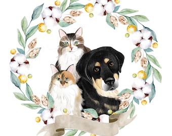 Dogs and cats custom portrait; Portrait of 3 dogs or cats; Custom portrait; Dog illustration; 3 cats illustration; 3 dogs cartoon