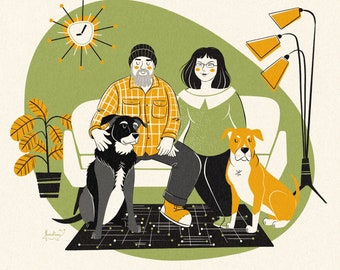 4 PETS OR HUMANS Custom Retro portrait; Midcentury Modern family portrait; Family cartoon; Pets and family portrait; Engagement gift