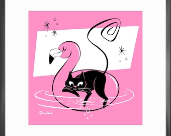 Flamingo Cat; Square art prinrt available in 2 sizes; Frame not included; Designed by Borolina