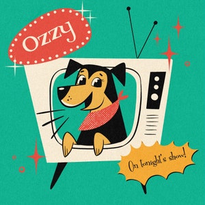 1 pet custom portrait, Pet on a TV; Personalized gift for dog lovers, girlfriend, pet loss memorial, Midcentury Modern, dog or cat cartoon