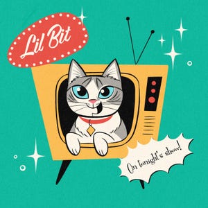 1 portrait personnalisé d'animal de compagnie, cadeau personnalisé pour les amoureux des chats, dessin animé numérique de chien ou de chat, télévision moderne du milieu du siècle, vintage, rétro