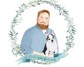 Custom portrait; Includes 1 person + 1 pet; Custom pet loss memorial, Gift for boyfriend, girlfriend, Birthday; Dog lover present; Cat lover