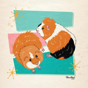2 PETS Retro portrait; Dog, cat or guinea pig cartoon; Midcentury Modern; Pet portrait; Pet loss memorial; Gift for Mom, Parents