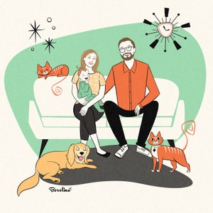 6 pets or people custom Portrait; Midcentury Modern style; Family cartoon; Pets and family portrait; Gift for grandparents, Mother’s Day