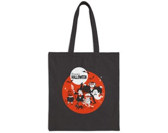 Trick or treat bag for Halloween; Cotton bag featuring spooky characters; Tote bag for everyday use; Gift for girlfriend, Halloween lovers