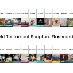 Può includere: Un set di schede didattiche dell'Antico Testamento. Ogni scheda presenta un'immagine colorata e un riferimento biblico. Le schede sono disposte in righe, con il titolo "Old Testament Scripture Flashcards" al centro.