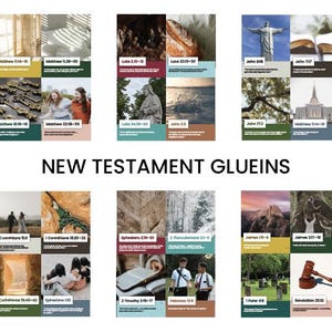 May include: A collection of New Testament Glueins featuring multiple grid-style panels. Each panel displays a photographic image paired with a specific Bible verse reference and text. The overall layout is organized into three main sections with the title NEW TESTAMENT GLUEINS centered at the top. The images depict various scenes including landscapes, people, and symbolic objects, all labeled with book and chapter citations.