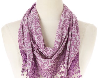 Women Lightweight Triangle Leopard/Floral Cotton Scarf with Fringes