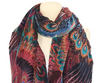 Women's Vintage Burgundy & Blue Abstract Peacock Fringe-Trim Silk-Blend Scarf