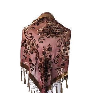 Women's Vintage Silk & Velvet Triangle Shawl with Beads image 1