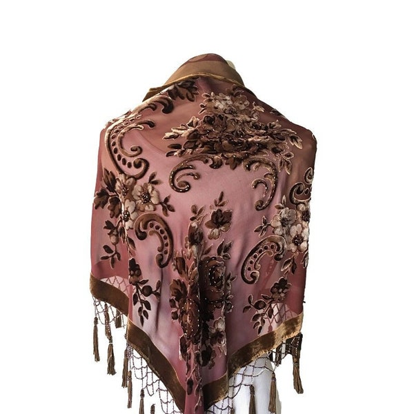 Women's Vintage Silk & Velvet Triangle Shawl with Beads