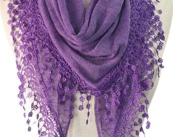 Women Lightweight Flower Lace Silk Scarf Knit Cotton Blend Fringe Scarf