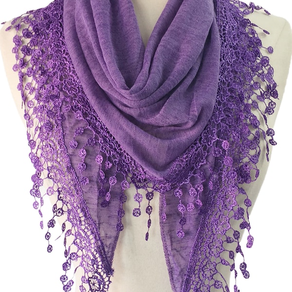 Women Lightweight Flower Lace Silk Scarf Knit Cotton Blend Fringe Scarf