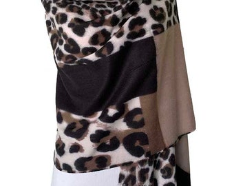 Leopard Color Block Fringed Scarf-Woman, Cashmere Feel, Boho Looking, Super Soft