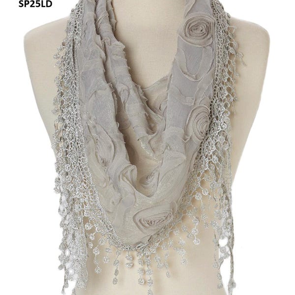 Women Lightweight Flower Lace Silk Scarf Knit Cotton Fringe Scarf for Women