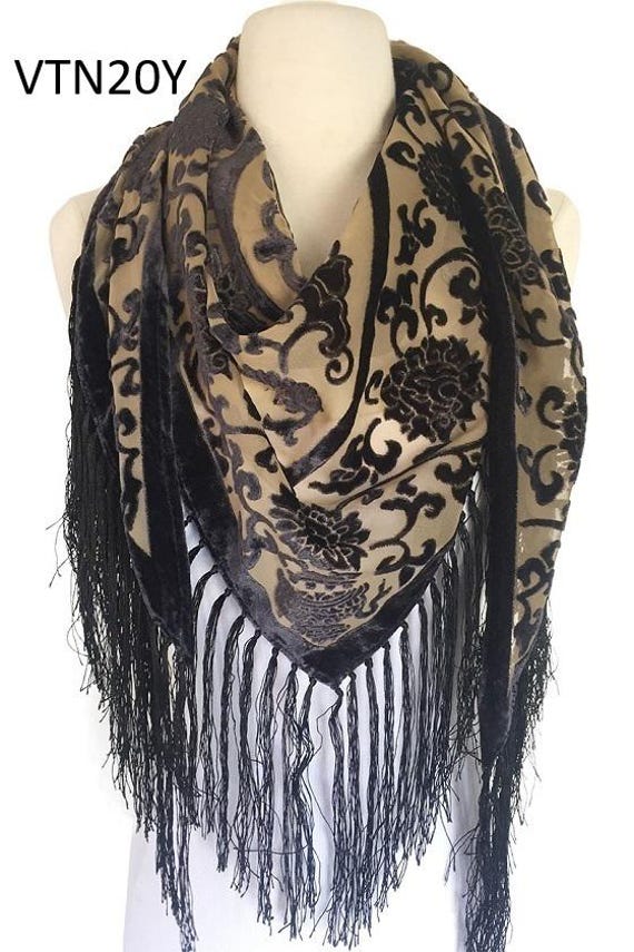 Women's Vintage Floral Velvet Triangle Scarf with Fringe