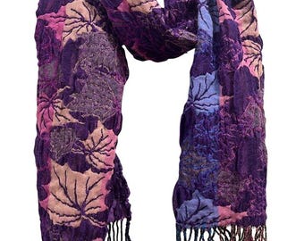 Multi Color Floral Embroiled Scarf Woman, Vintage Looking, Boho Style, Fringes Ending