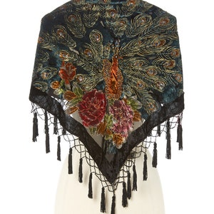 Women's Vintage Silk & Velvet Triangle Shawl with Beads Schwarz