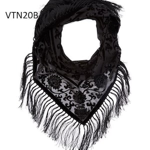 Women's Vintage Floral Velvet Triangle Scarf with Fringe Black