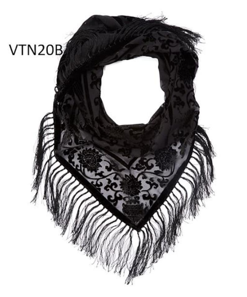 Women's Vintage Floral Velvet Triangle Scarf with Fringe Black