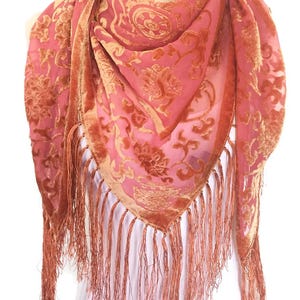 Women's Vintage Floral Velvet Triangle Scarf with Fringe Tomato