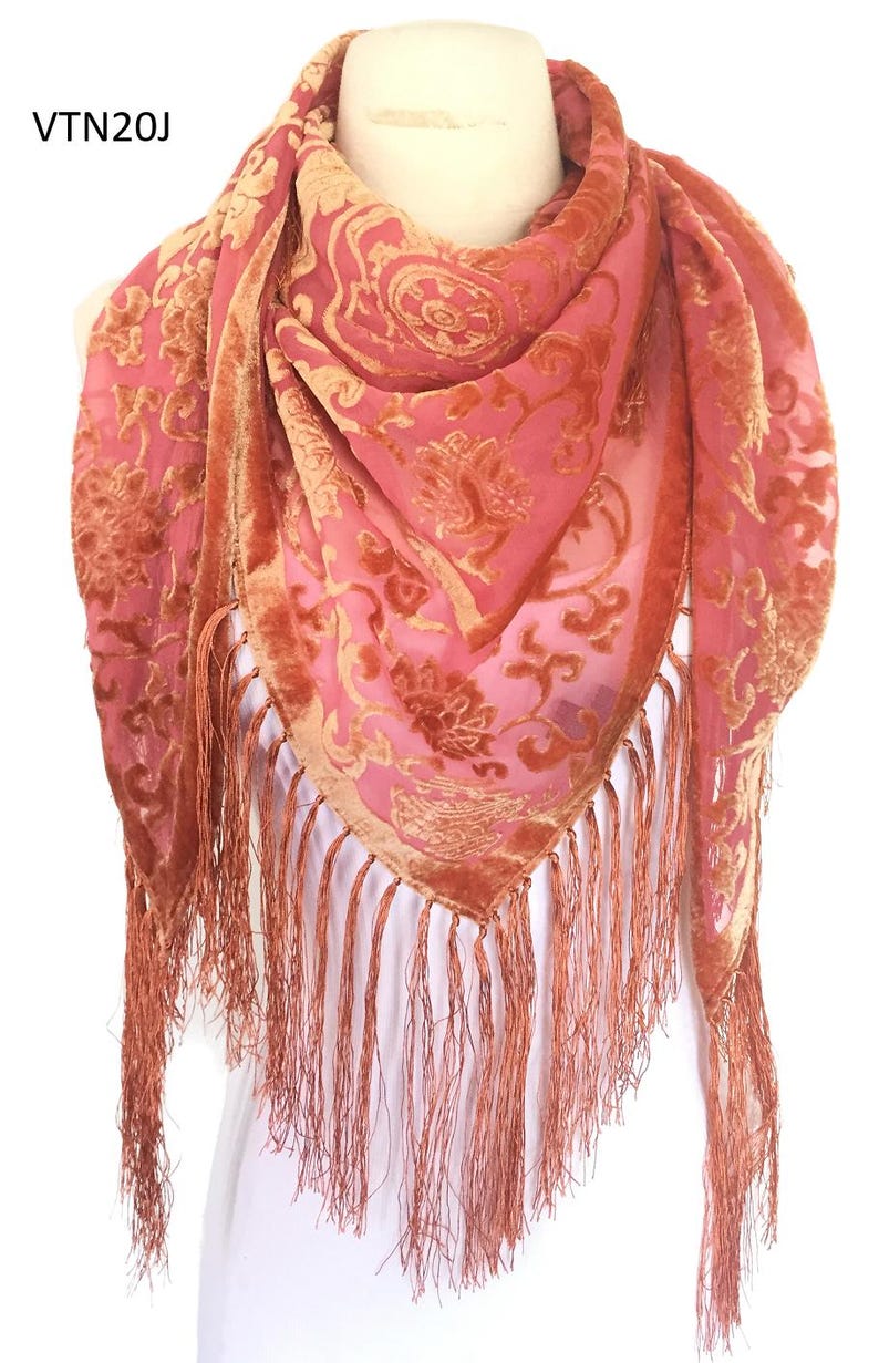 Women's Vintage Floral Velvet Triangle Scarf with Fringe Tomato