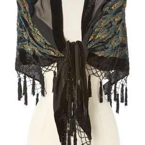 Women's Vintage Silk & Velvet Triangle Shawl with Beads image 3