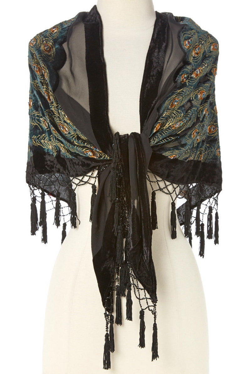 Women's Vintage Silk & Velvet Triangle Shawl with Beads image 3