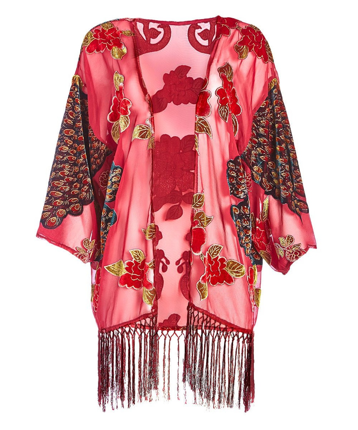 Women's Vintage Sheer Peacock Fringehem Kimono Etsy