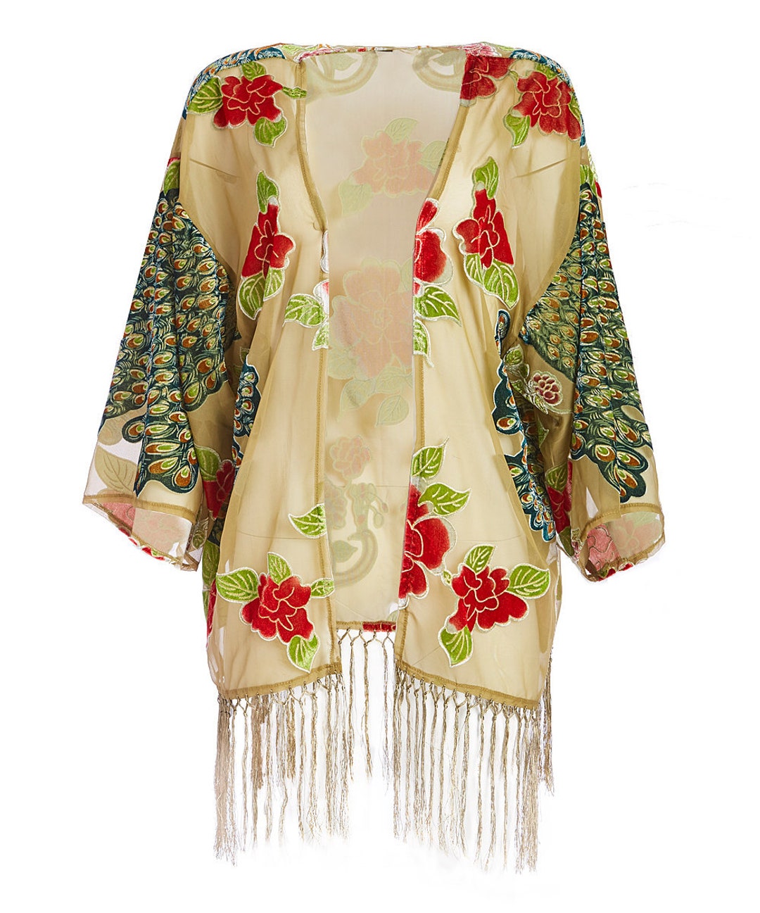Women's Vintage Sheer Peacock Fringehem Kimono Etsy