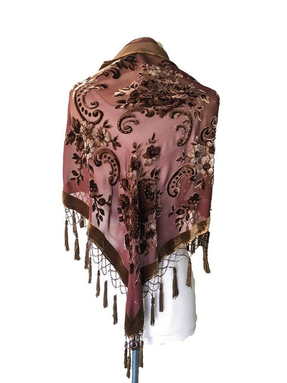 Women's Vintage Silk & Velvet Triangle Shawl With Beads 