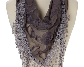 Women Lightweight Flower Lace Silk Scarf Knit  Fringe Scarf for Women