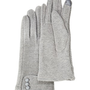 May include: A pair of gray knit gloves with a textured pattern. One glove has a button detail on the cuff.