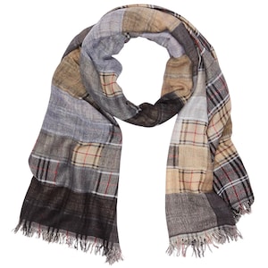 May include: A plaid scarf with a patchwork design in shades of brown, gray, and beige. The scarf has a fringed edge.