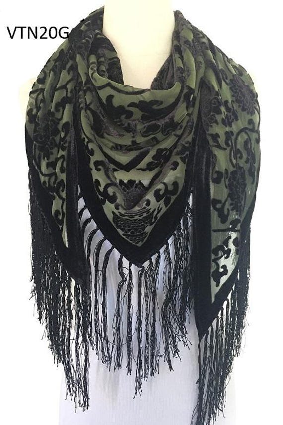 Women's Vintage Floral Velvet Triangle Scarf with Fringe