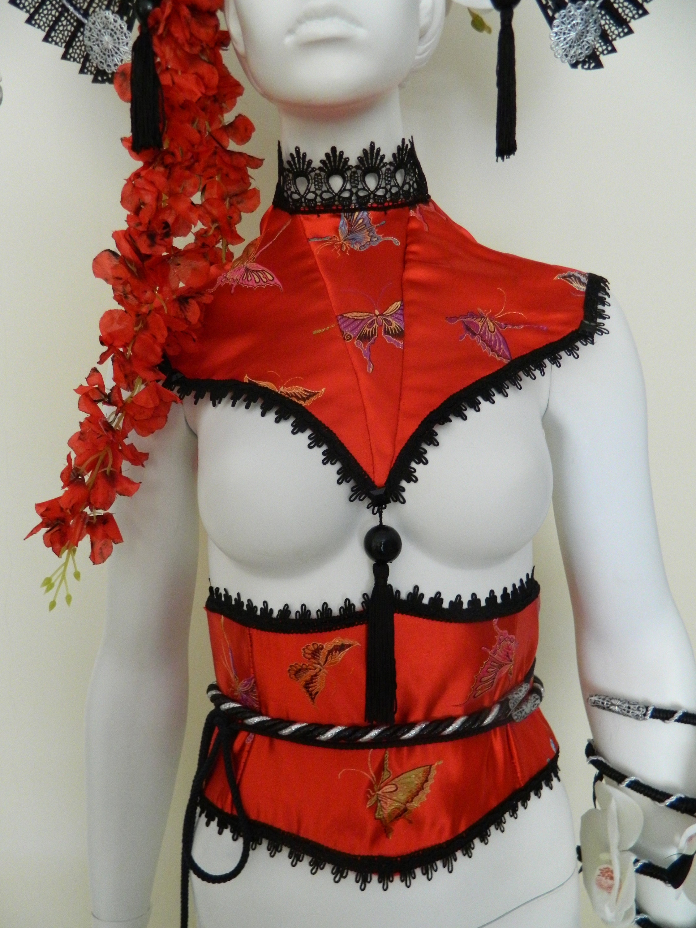 Akane Set Headdress Chestpiece Belt Japanese Red Fans Etsy