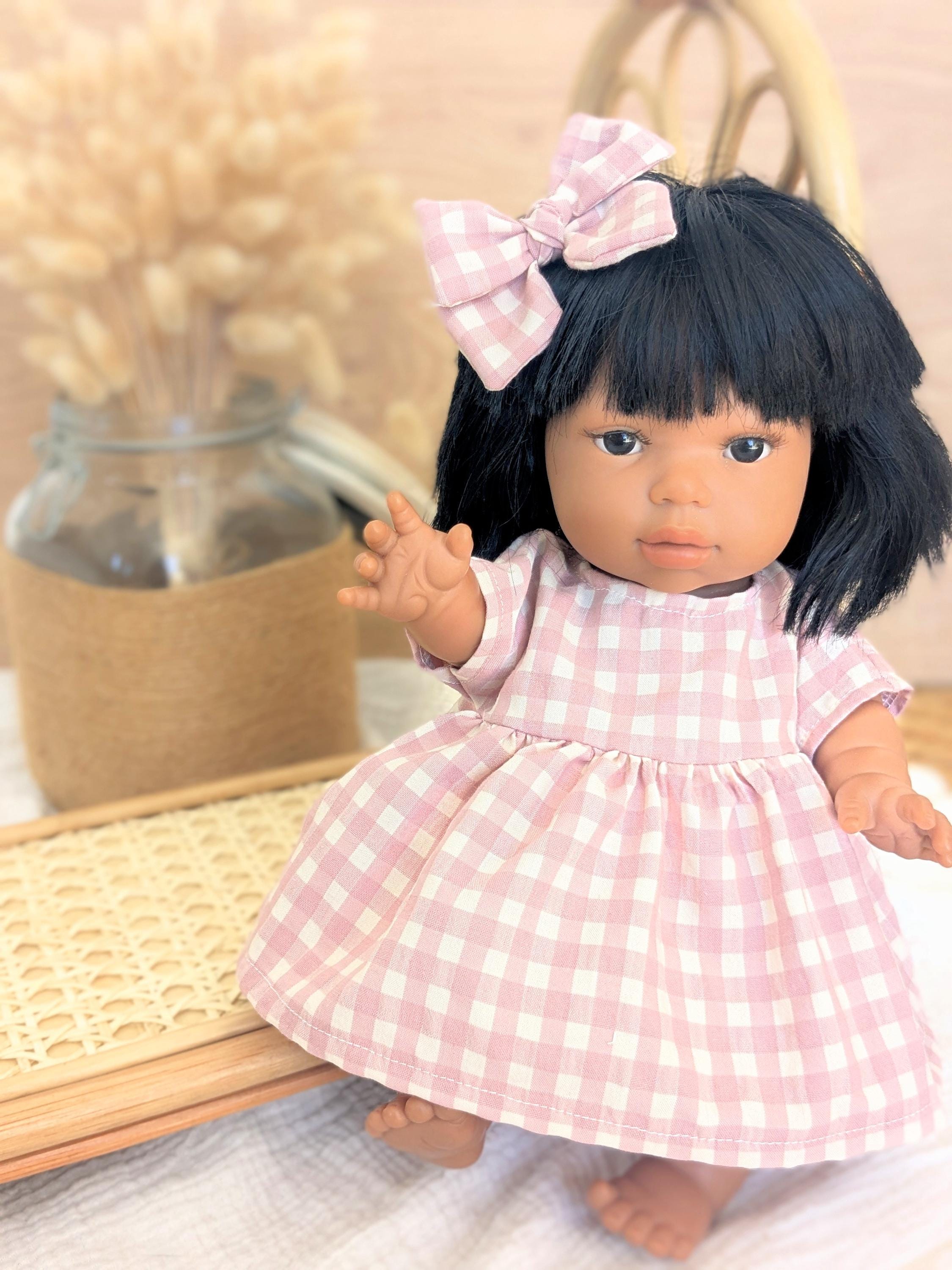 STOCK | Doll dress, bow & panties | Old pink gingham | Doll clothes and accessories for Minikane, Paola Reina, Mini Colettos, 34 cm