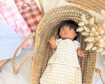 STOCK | Ruffled doll sleeping bag – Beige gingham | Sleeping bag doll 13 inch | Accessory for Minikane & Mini Colettos dolls