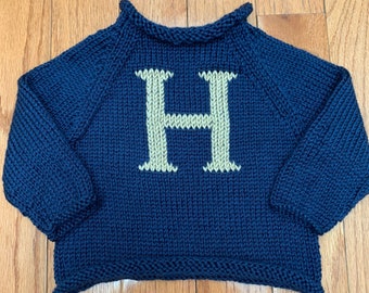 Baby Wizard Christmas Sweater, Custom Hand-Knit with Embroidered Letter