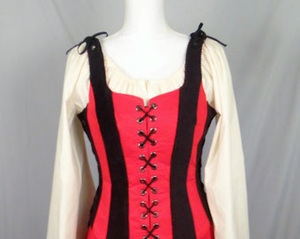 Renaissance 3 piece black and red pirate bodice corset costume set; Medieval wench costume