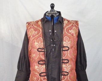 Men’s renaissance pirate open front vest waistcoat; red commander waistcoat; damask; cosplay, LARP, ready to ship