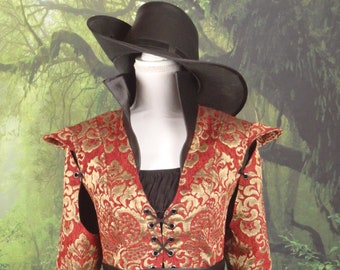 Black, Ruby Red, and Gold Women's Renaissance pirate overcoat; medieval court doublet; Spanish surcote, suckeny