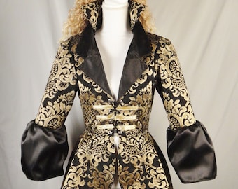 Black and gold chenille women’s pirate front lacing corset peplum waistcoat; renaissance pirate jacket; medieval corset coat