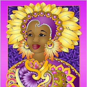 May include: A coloring book cover featuring a woman wearing a purple and gold headdress and costume. The text on the cover reads "A Colouring Book of Carnival Costumes" and "Dandi Palmer".