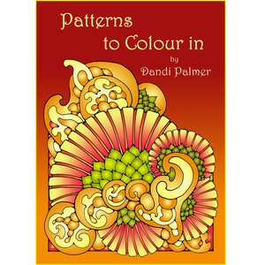 Może przedstawiać: Okładka książki z tytułem "Patterns to Colour in" autorstwa Dandi Palmer. Okładka przedstawia kolorowy, skomplikowany wzór z żółtymi, pomarańczowymi, czerwonymi i zielonymi wzorami.