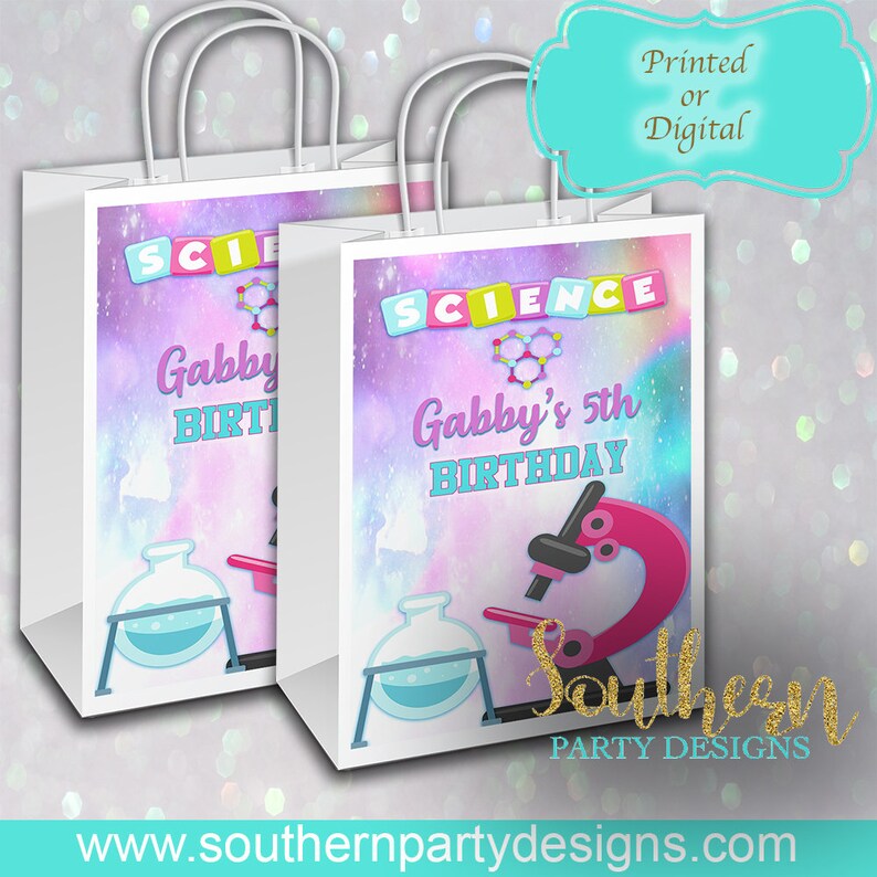 printed science birthday favor bags girl labels digital stickers party birthday mad scientist birthday favor bags gift bags favor