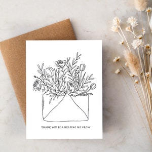 Thank You for Helping Me Grow Mother's Day Card Thank You Card Floral Line Art image 1