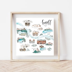 May include: A watercolor illustration of Banff National Park in Canada. The illustration features a map of the park with various landmarks, including Lake Louise, Lake Minnewanka, and the Bow River. The text "Banff National Park" is written in cursive at the top of the illustration.