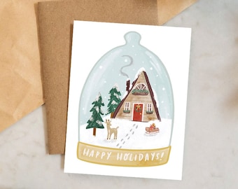 Happy Holidays Snowglobe Cabin Deer Christmas Card